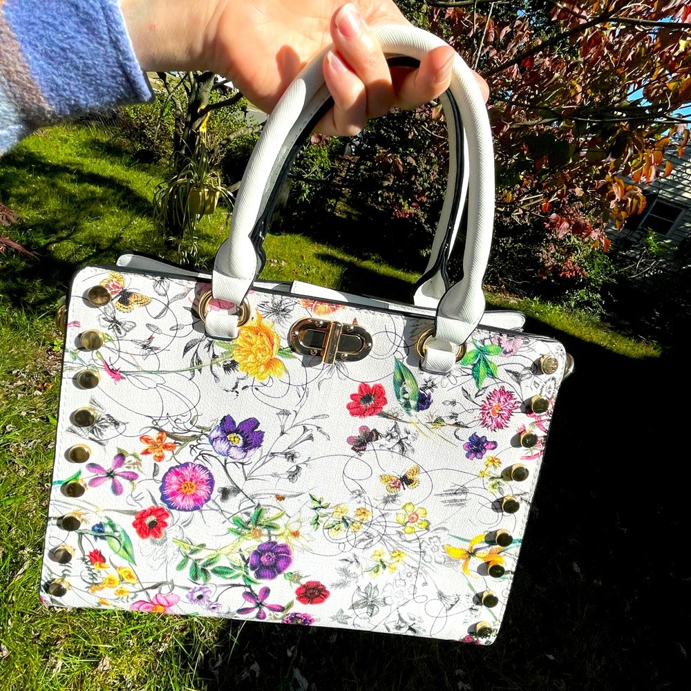 Dasein’s White Simulated Leather Floral Studded Satchel & Wristlet / Clutch